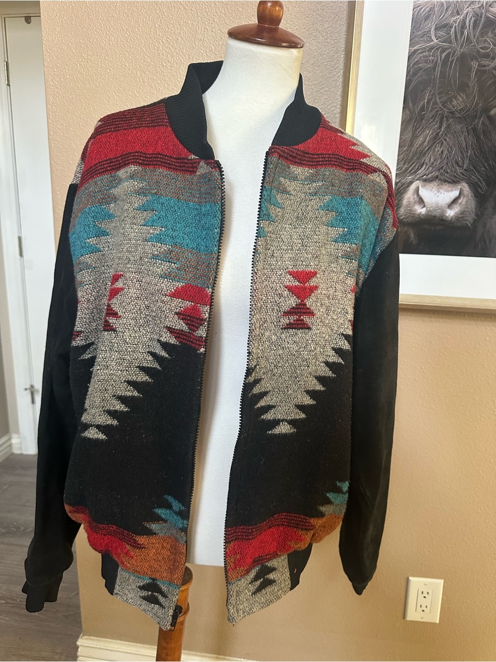 Women’s Vintage Pattern Zip Wool with Suede Sleeves Jacket XL Pioneer West
